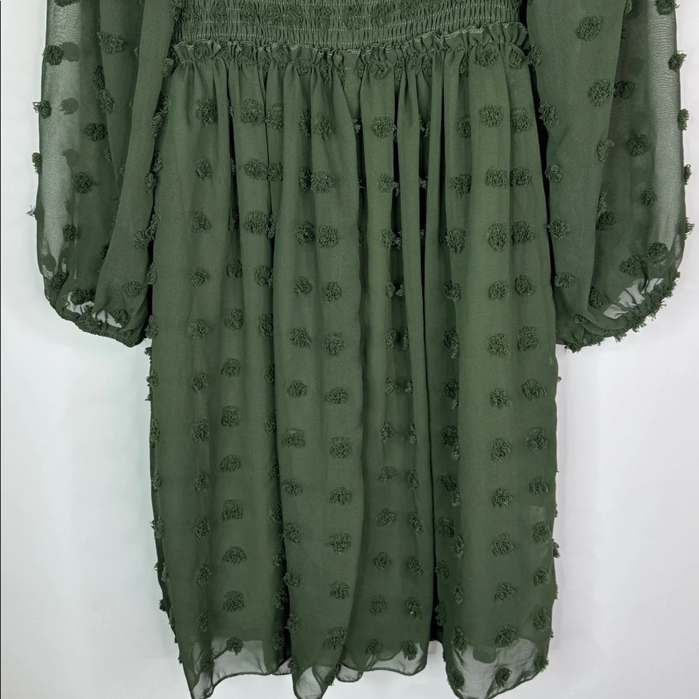 BTFBM Green Square Neck Smocked Swiss Dot Mini Boho Dress Size Small
